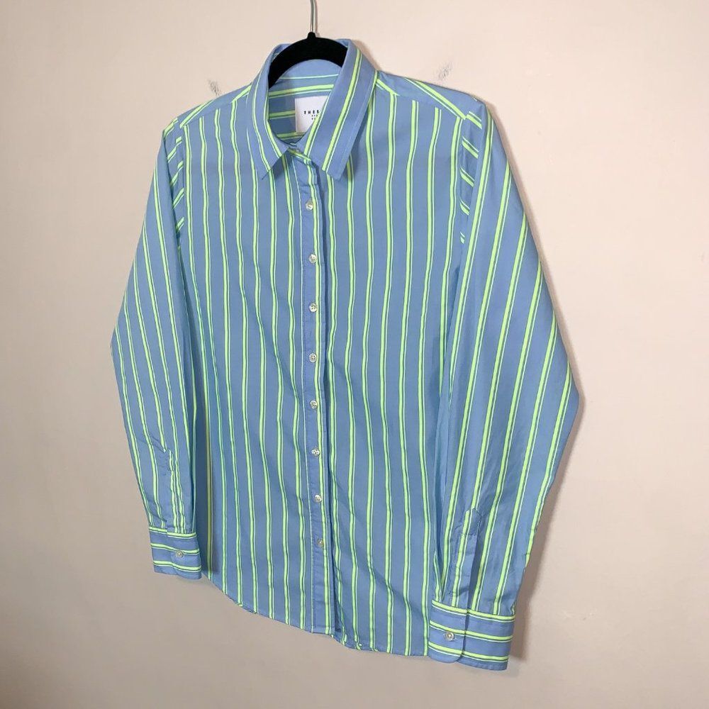 The Shirt by Rochelle Behrens The Icon Shirt in Blue & Lime Green Stripe Size S - Picture 4 of 12
